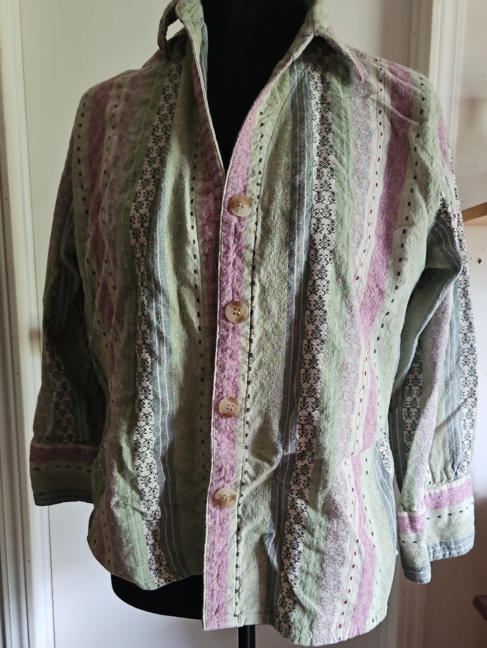 Women's Striped Button-Up Blouse in Light Green & Lavender